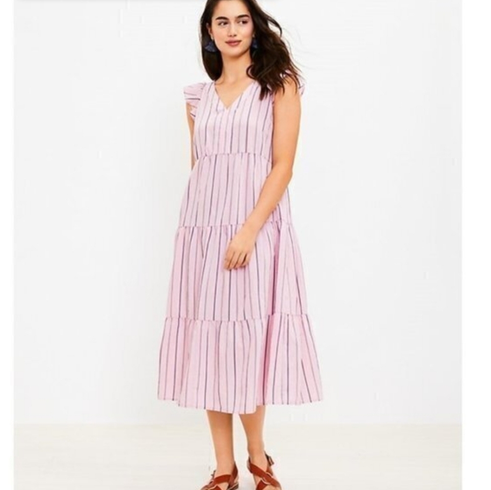 Loft Pink Pin-striped Striped Ruffle Tiered Midi Dress V-neck Preppy Coastal M